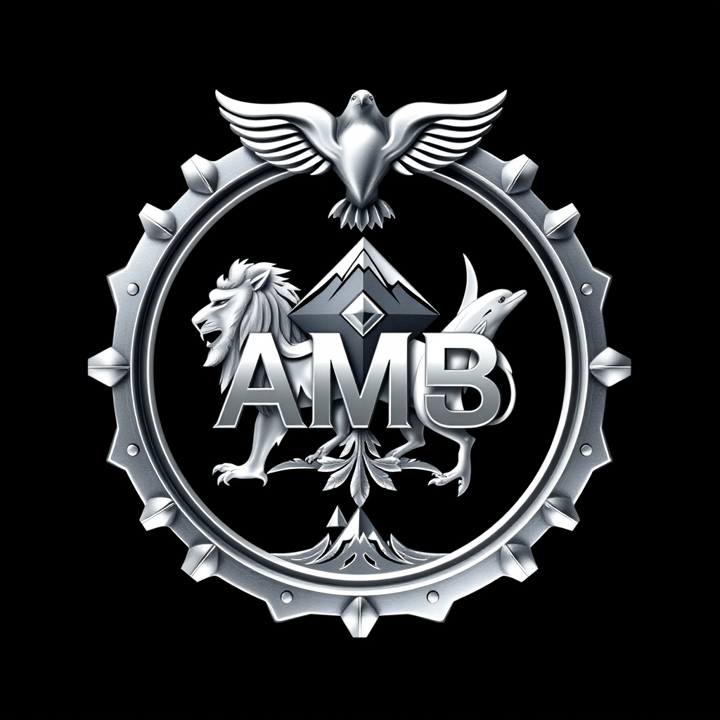 Main logo studio: Luxury futuristic emblem with only "AMB". Big in circle Make all symbols highly realistic: majestic lion, eagle, dolphin, human figure symbolizing hum