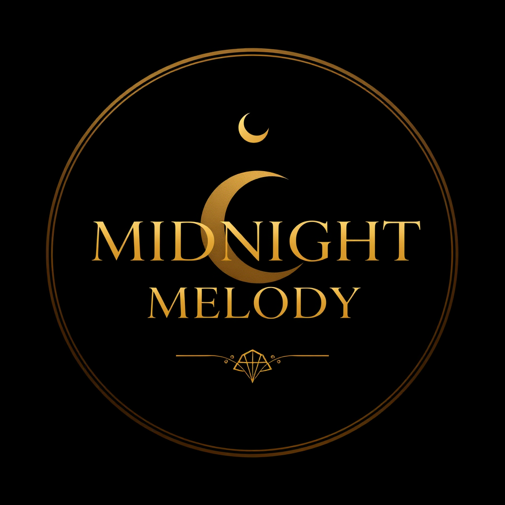 Main logo studio: MIDNIGHT MELODY ✦ ملودی نیمه‌شب — luxury cinematic music logo, dark midnight black background, elegant metallic gold typography, mysterious romantic n