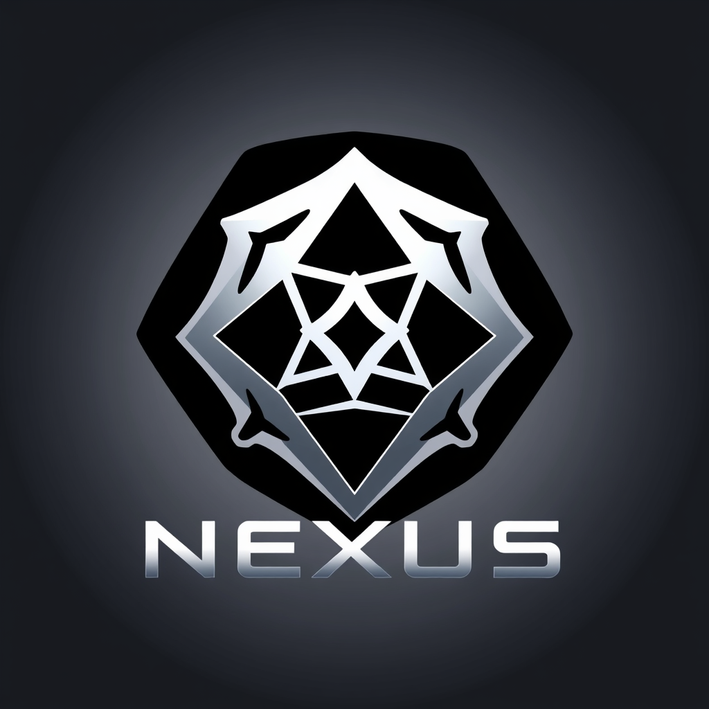 Main logo studio: Premium futuristic logo for “NEXUS”, featuring a unique geometric emblem symbolizing the connection of multiple worlds, seamlessly integrated with sle