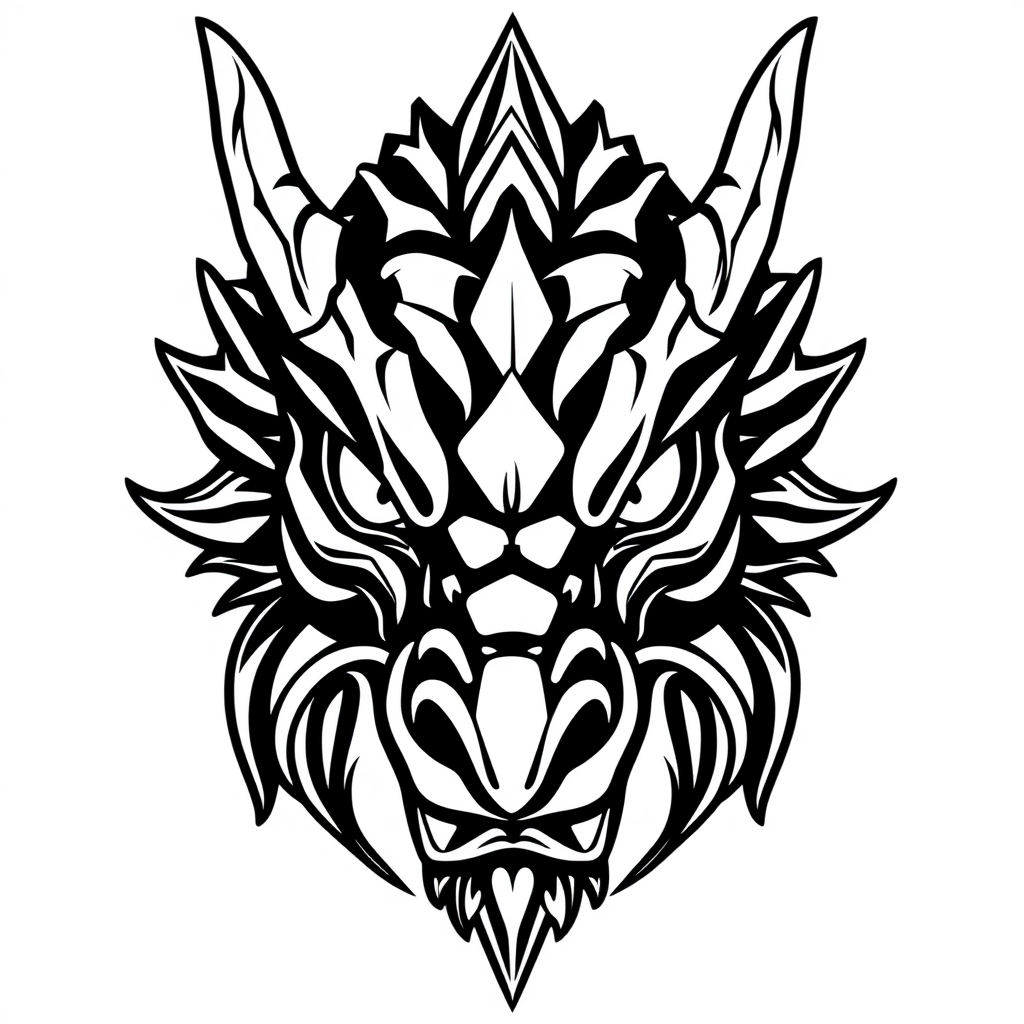 Main logo studio: front dragon head one color black over white minimalist low detail