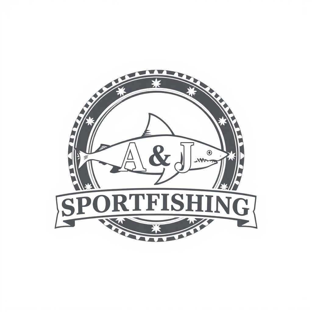 Emblem Logo idea: emblem logo of Shark with Exact text: A & J SPORTFISHING. , intricate crest seal badge design, symmetrical emblem, detailed border ornament, flat vect