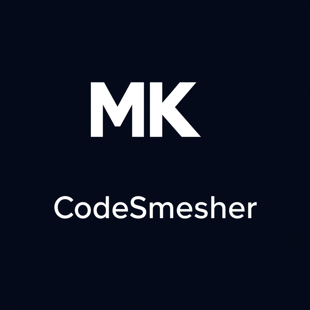 Main logo studio: Create a modern professional coding logo with the text "MK CodeSmesher". Use a sleek programmer/developer theme with code brackets </> or { }, modern 