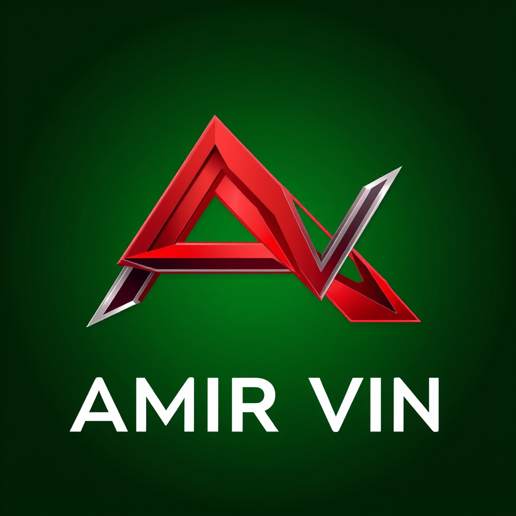 Main logo studio: Create a premium custom logo for “AMIR VN”. Build an intricate geometric A symbol with layered angular shapes, creative negative space and a distincti
