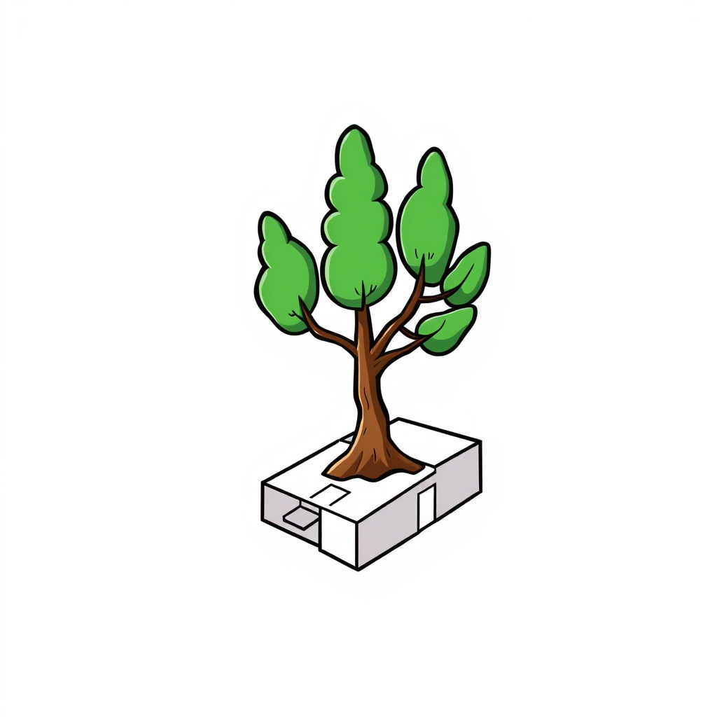 Cartoon Logo idea: cartoon style logo for “} Cute cartoon-style minimalist logo of a cypress tree growing from an abstract architectural floor plan, with branches subtly
