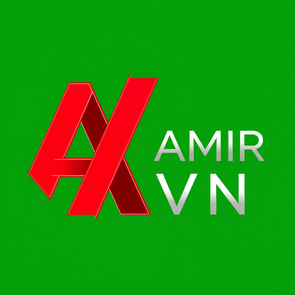 Main logo studio: Create a professional flat 2D combination logo for “AMIR VN”. Design a unique geometric letter “A” as the main symbol, with a bold, clean and memorabl