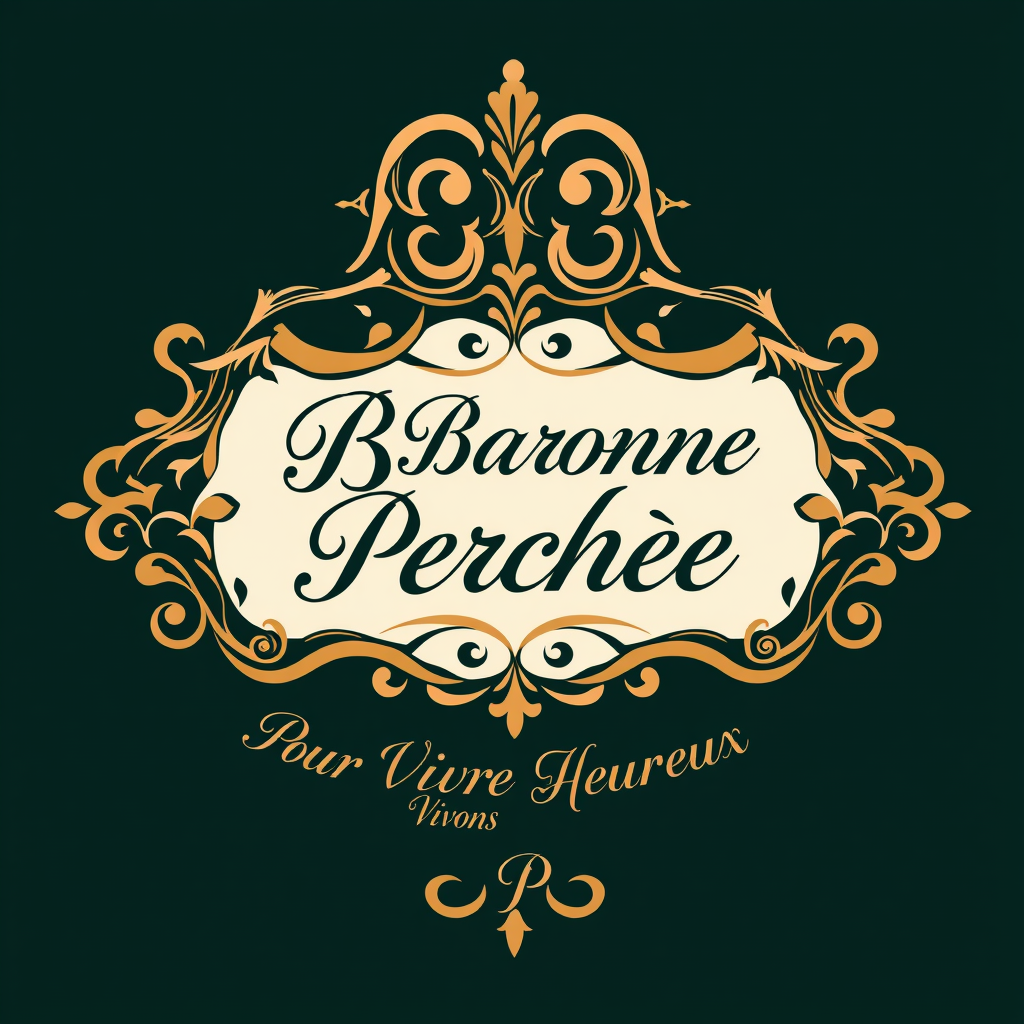 Main logo studio: Crée un logo élégant et magique. Cadre doré rococo. Écris dans le cadre : « La Baronne Perchée » en écriture calligraphiée. Ecris en dessous du cadre: