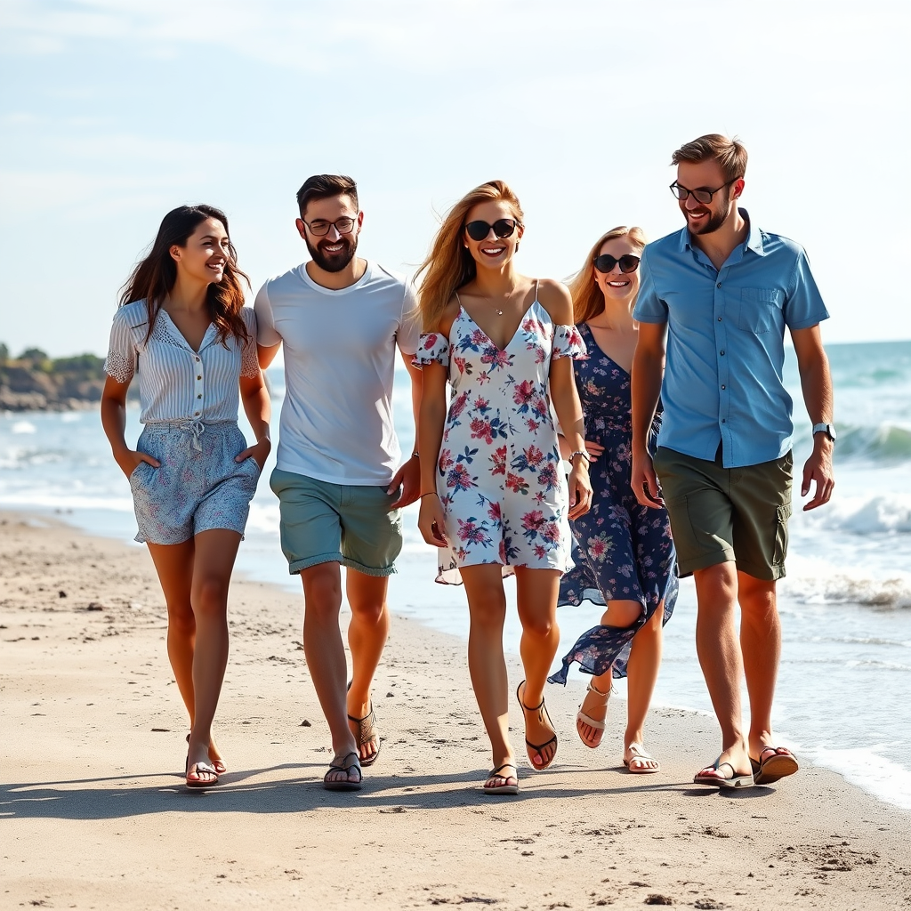 Main logo studio: a group of friends men and wormen wearing summer dress walking beside the beach. The men wearing tshirt & shorts, then the women wearing flowery cloth