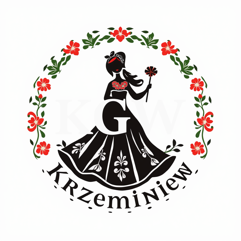Main logo studio: Stwórz kolorowe, radosne logo na białym tle dla „KGW Krzemieniew”. Polski folklor inspirowany wzorami łowickimi. Uwzględnij czerwone róże i zielone li