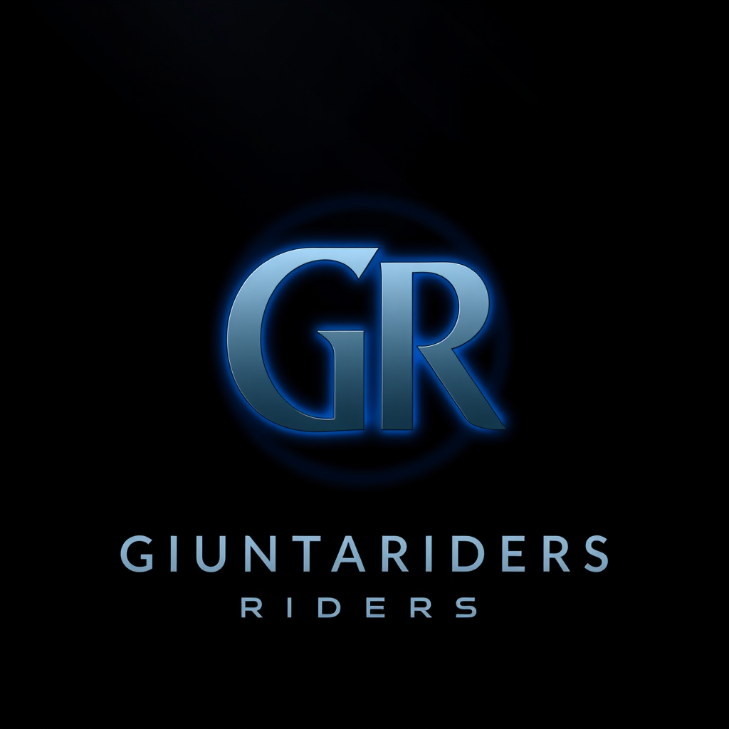 Main logo studio: GIUNTARIDERS premium MTB logo. Large GR monogram as the main symbol, bold and elegant letters, subtle blue glow around the edges, black matte backgrou