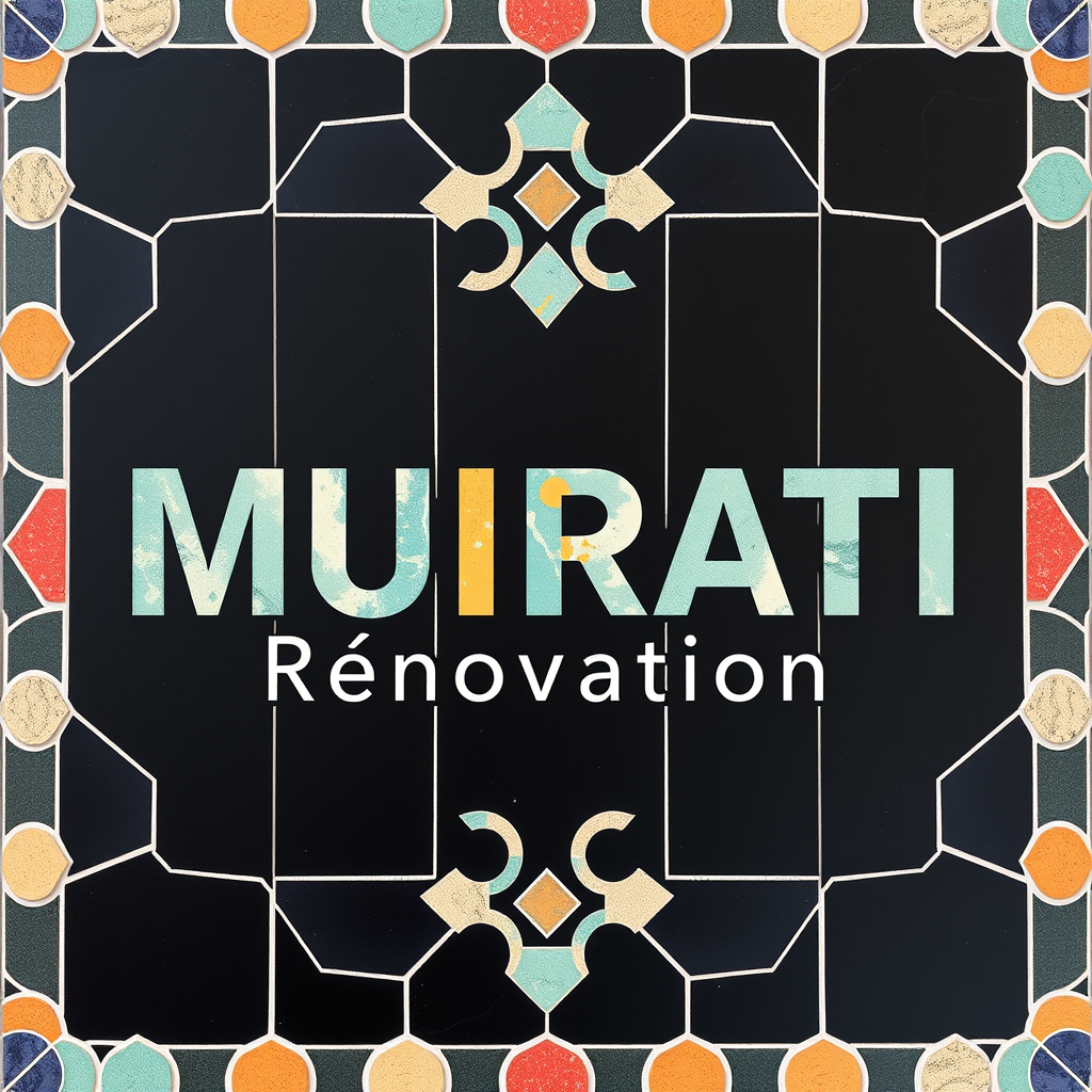 Main logo studio: Logo "MURATI Rénovation" en lettres dorées sur fond blac parsemé de mosaïque de carrelage octogonal multicolore couleurs vives