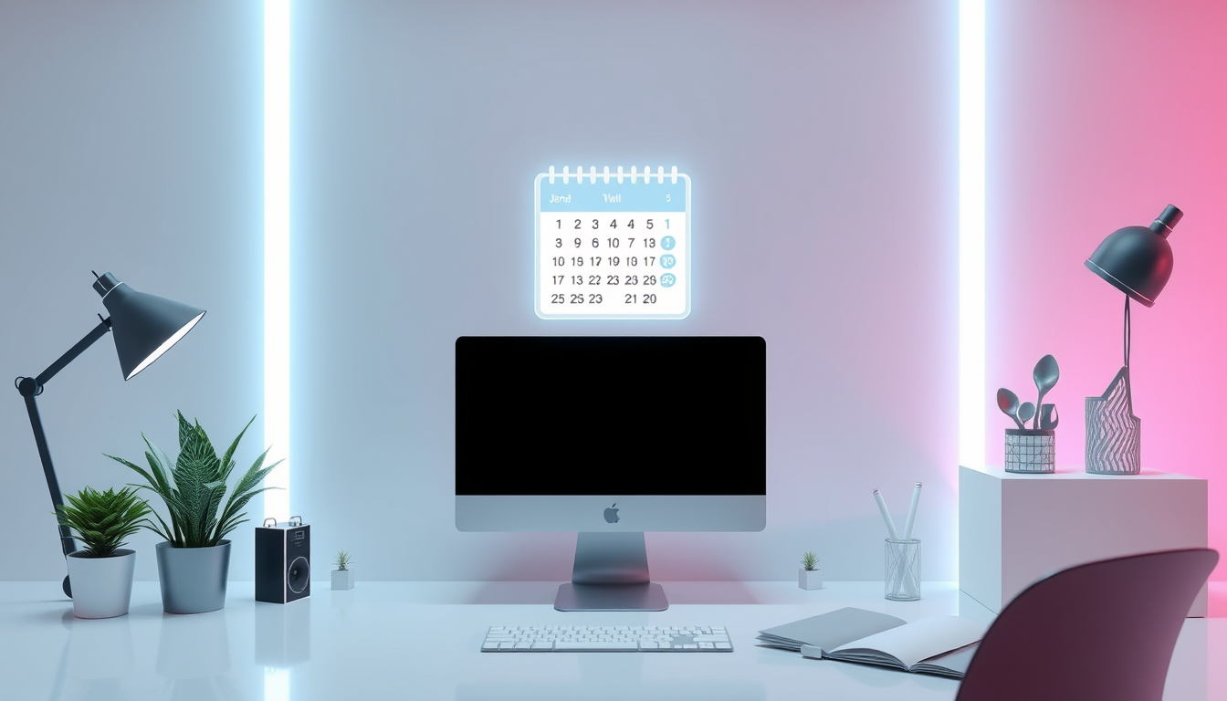 Main logo studio: Minimal futuristic workspace with floating holographic calendar, productivity and time management concept, clean composition