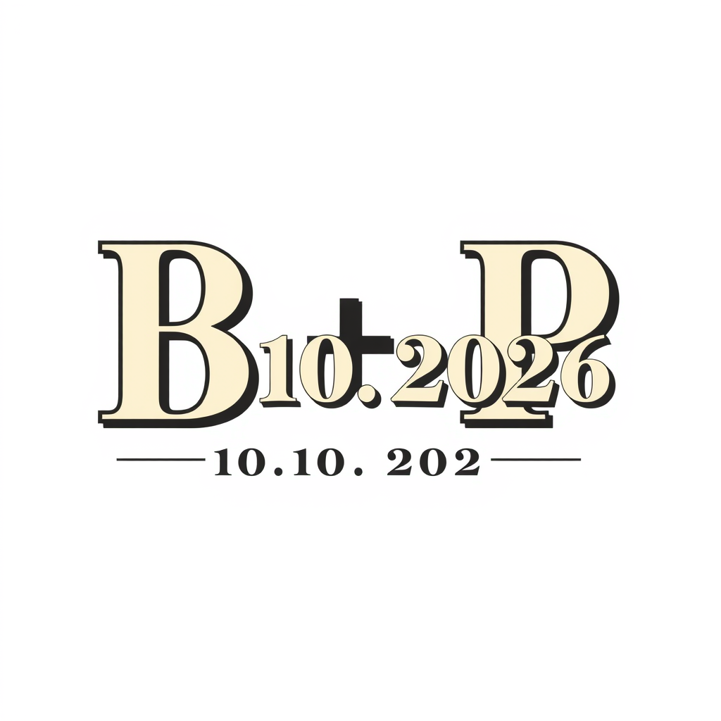 Wordmark Logo idea: wordmark logo of B+P on the first line, 10.10.2026 on the second line. Exact text must be preserved letter-for-letter. Elegant vintage rock'n'roll typ