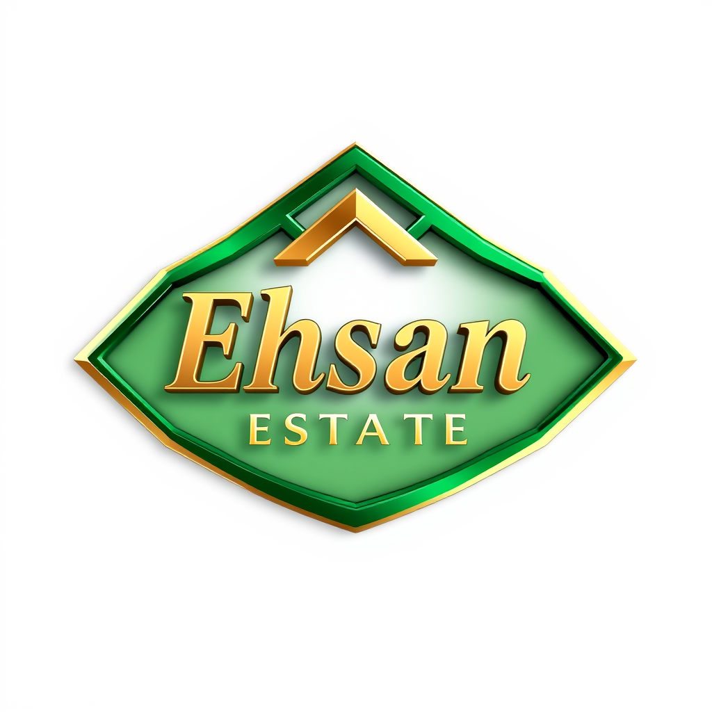 3D Logo idea: 3D logo for campany name is Ehsan Estate, a Property developer createa a logo with color emarald green and Ehsan Estate wording in champagne gold , th