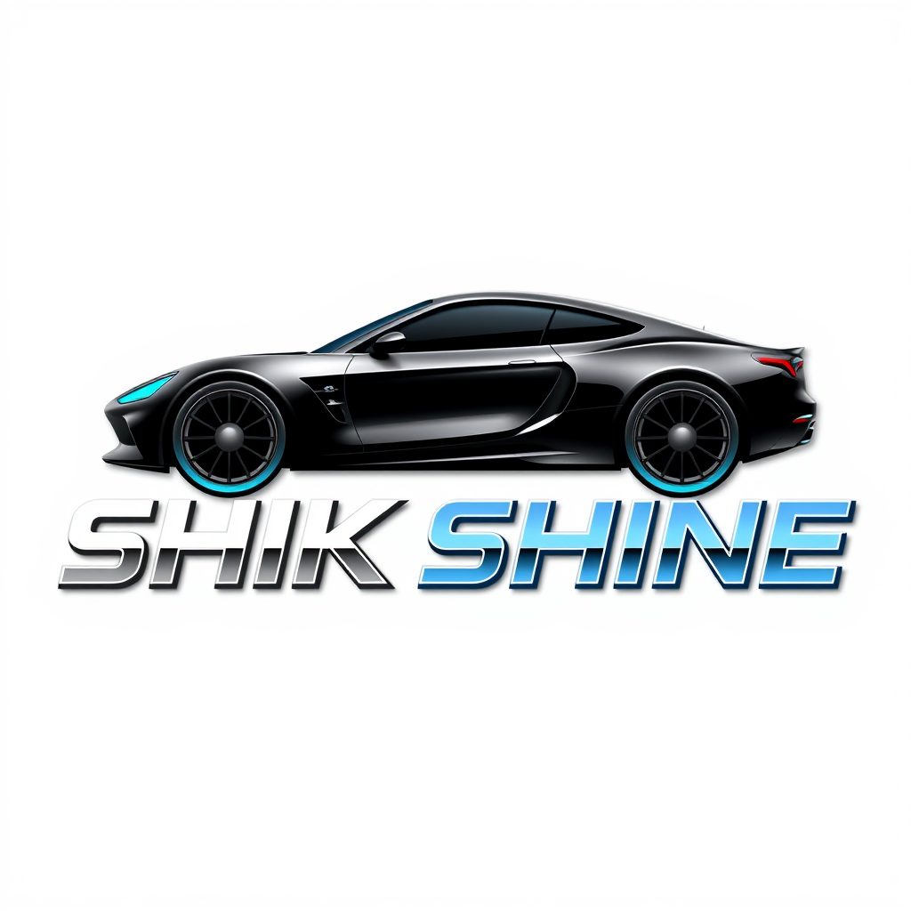 Main logo studio: SHIK SHINE — premium square profile logo, sleek car shape integrated into SHIK, professional orbital polisher shape seamlessly integrated into SHINE, 