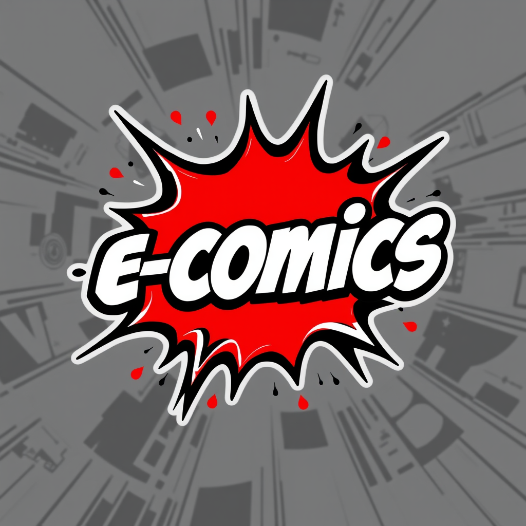 Main logo studio: a comic logo called e-comics with a comic book in the backround with black white and red coloured theme