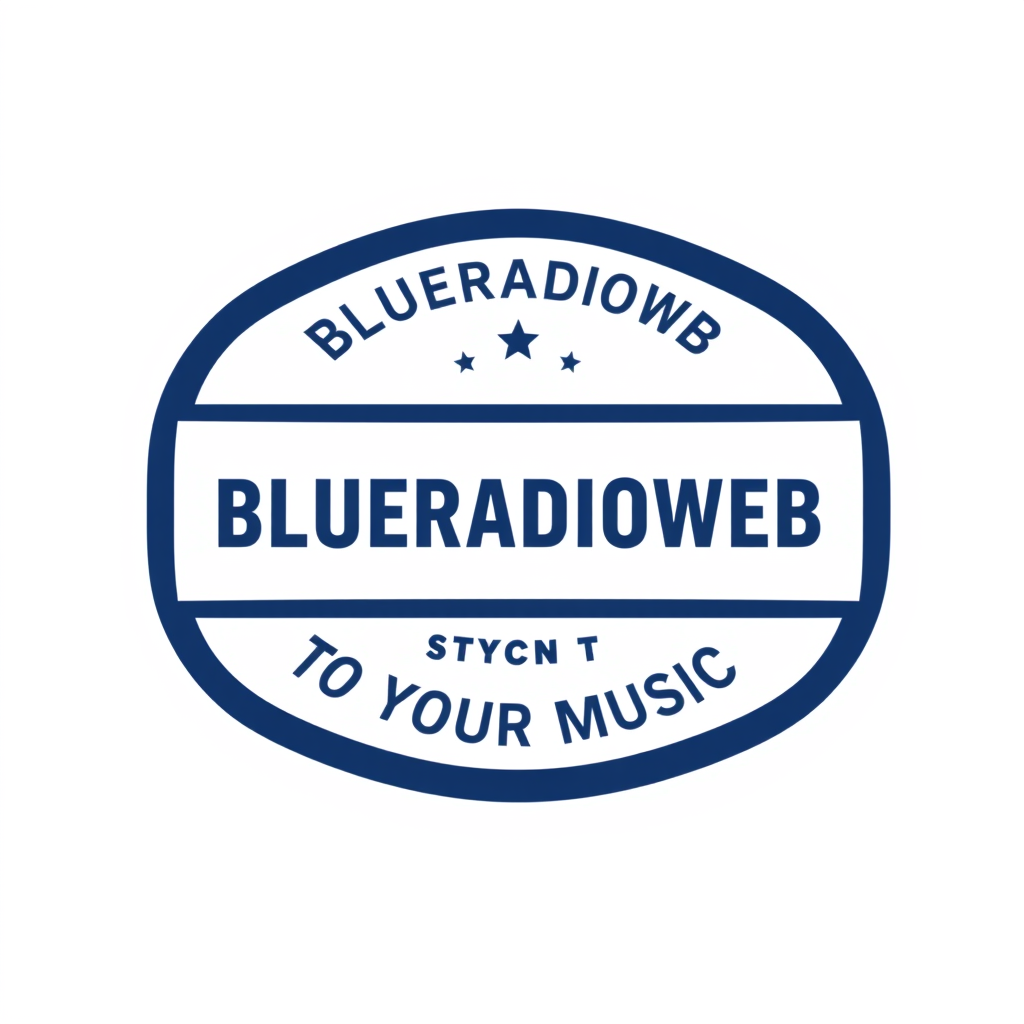 Badge Logo idea: badge logo for BLUERADIOWEB LISTEN TO YOUR MUSIC , bold badge design, text enclosed in a rounded rectangular or circular badge shape, thick border, cl