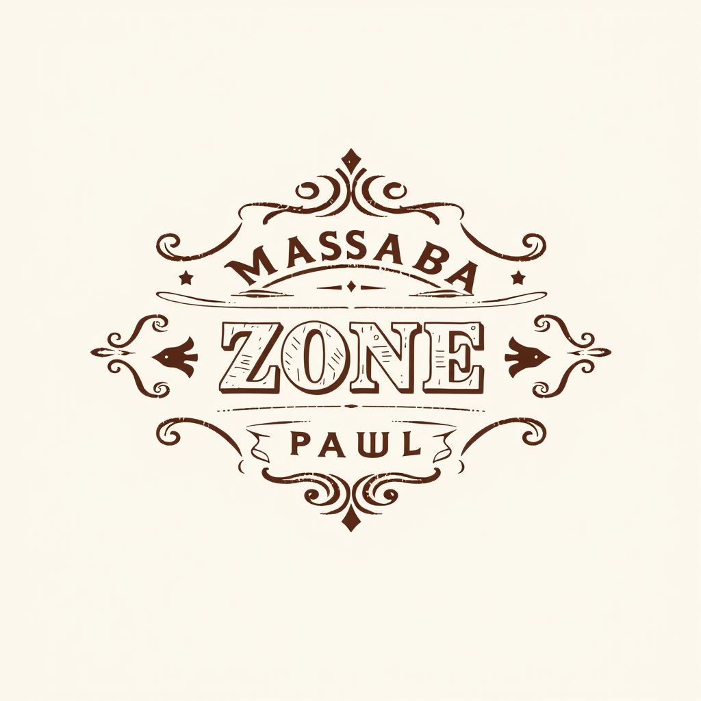 Vintage Logo idea: vintage retro logo for MASABA ZONE PAUL , classic retro design, aged typography, hand-drawn vintage illustration style, ornamental flourishes, weather