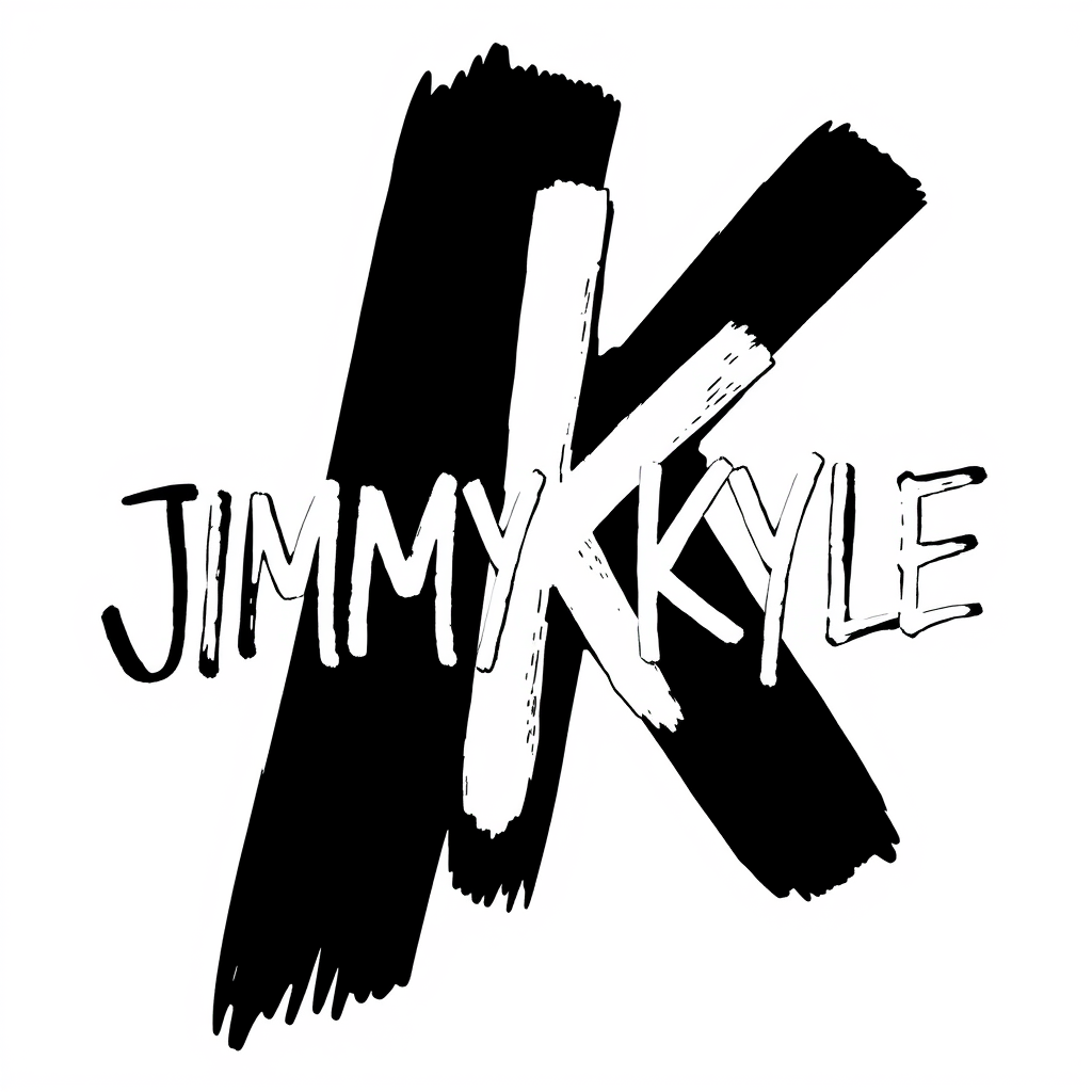 Wordmark Logo idea: wordmark logo of JIMMY KYLE”. Hand-drawn, raw and authentic, like distinctive thick marker or paint-pen lettering. Bold, slightly imperfect, masculine