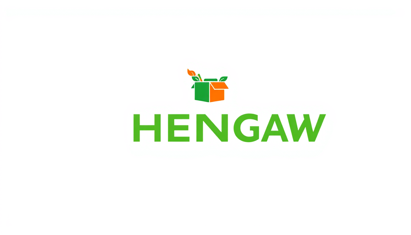 Main logo studio: Professional logo for “HENGAW”, a food distribution company. Modern, clean and simple design. Green and orange colors. Food box and delivery symbol. B