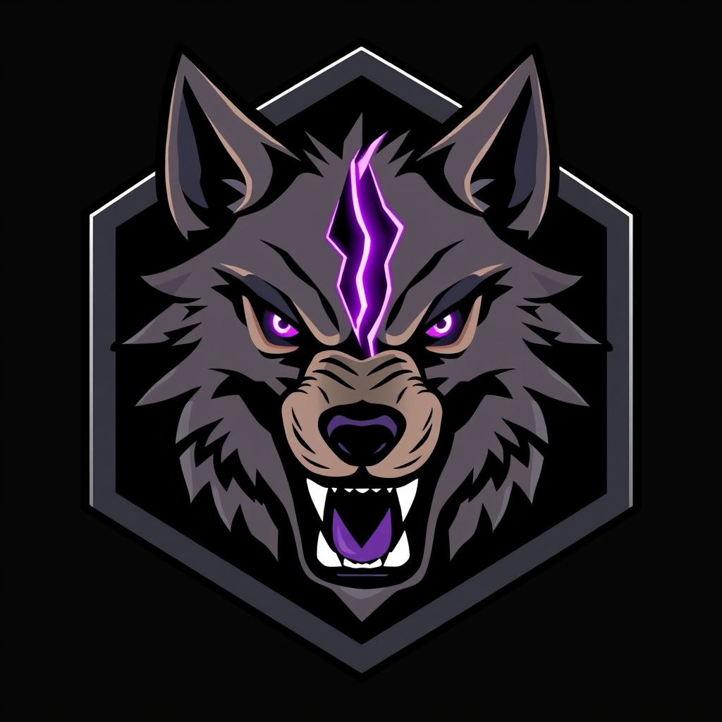 Main logo studio: Fierce esports wolf icon, front-facing symmetrical wolf head mid-roar, exposed sharp fangs, jagged angular fur spikes, intense glowing violet eyes. He