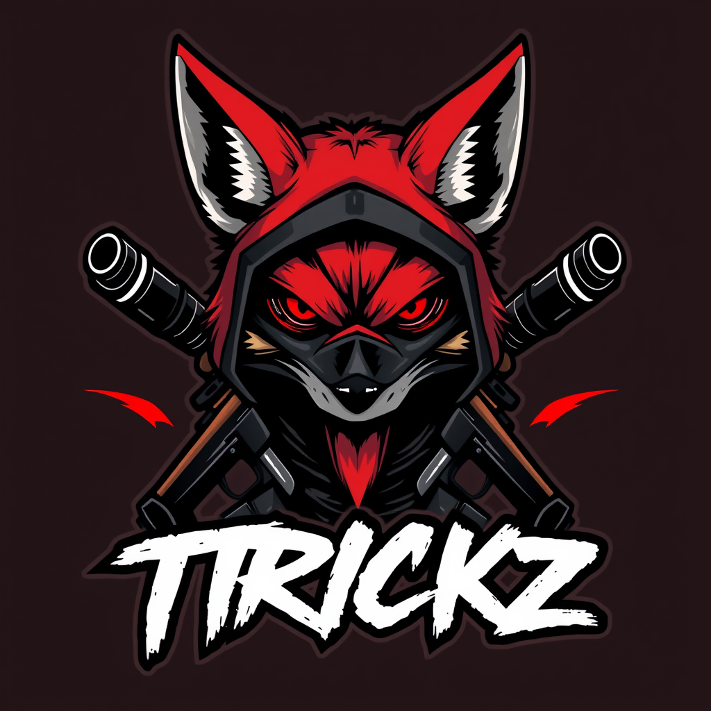 Main logo studio: “TRICKZ, Streetwear group logo, mysterious soldier or mobster fox with half mask, piercing eyes, toy guns and subtle elements of death or tryhard, cri