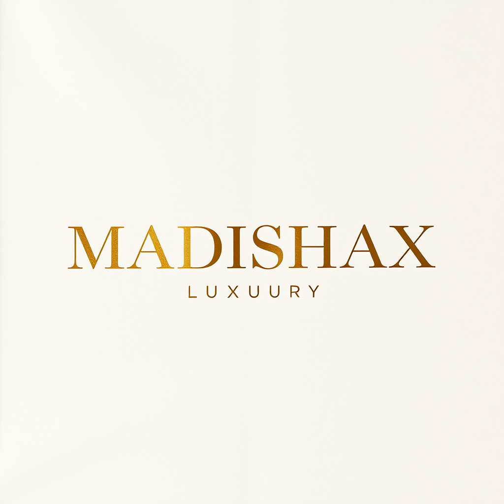 Main logo studio: MADISHAX LUXURY Luxury silk scarf brand, elegant high-fashion serif typography, champagne gold on ivory background, minimal, sophisticated, premium de