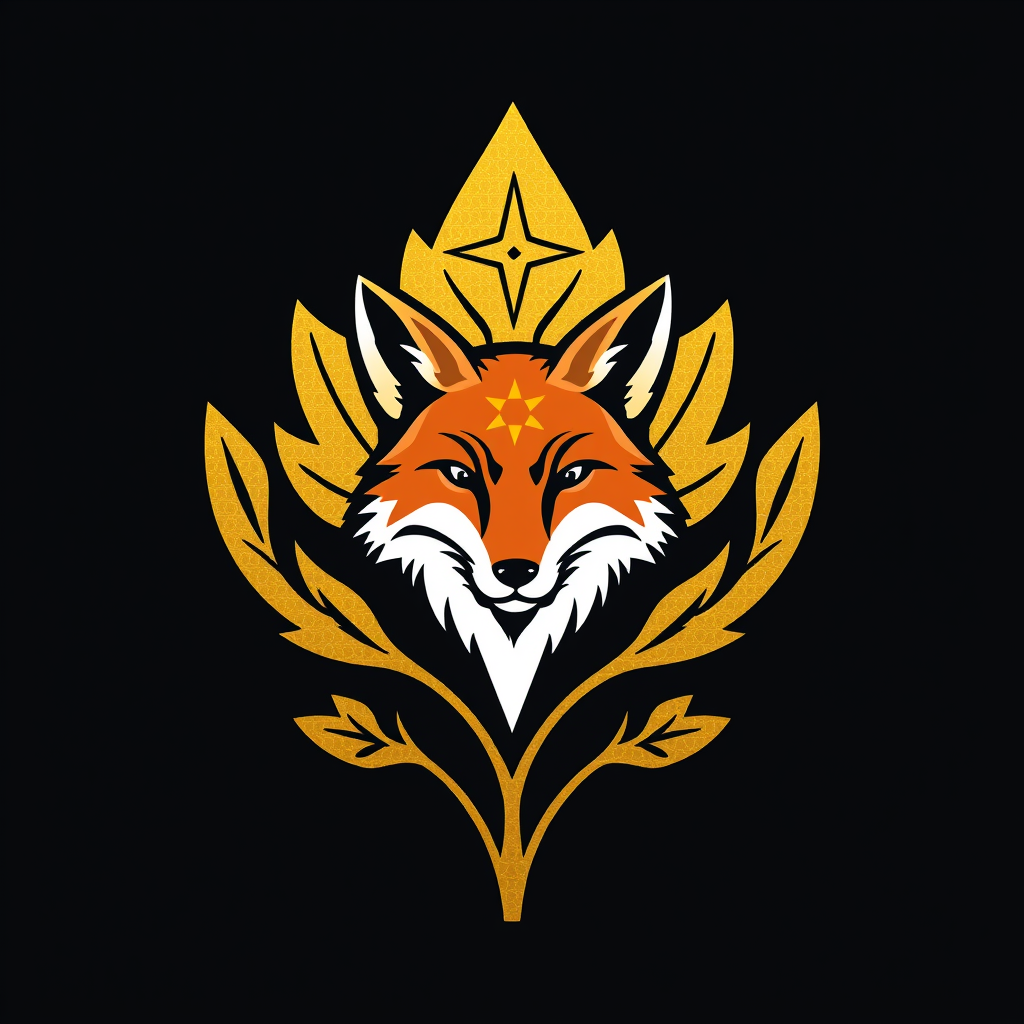 Main logo studio: Modern design logo . A fox head inside a gold leaf oak with a north star on the top