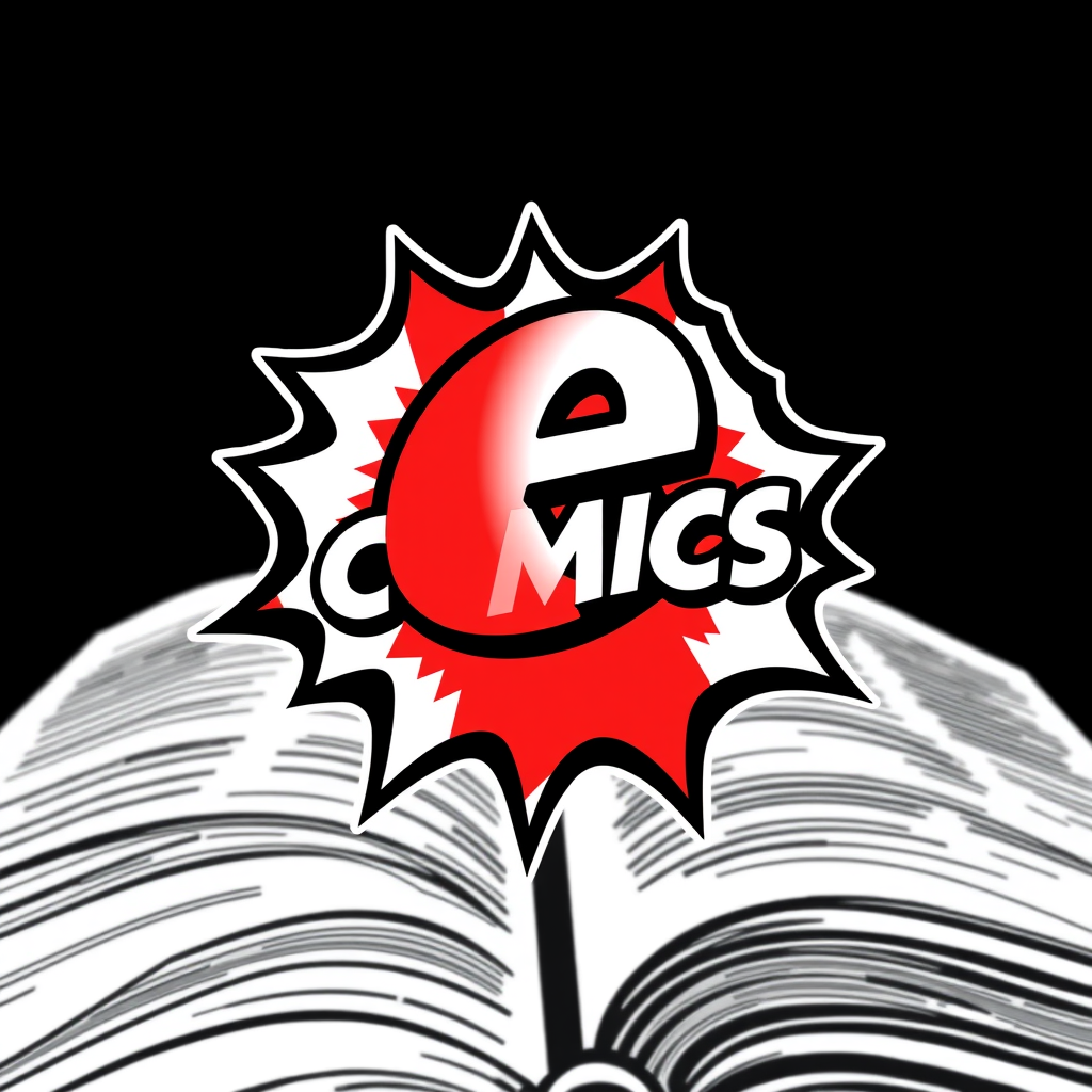 Main logo studio: a comic logo called e comics with a comic book in the backround with black white and red coloured theme