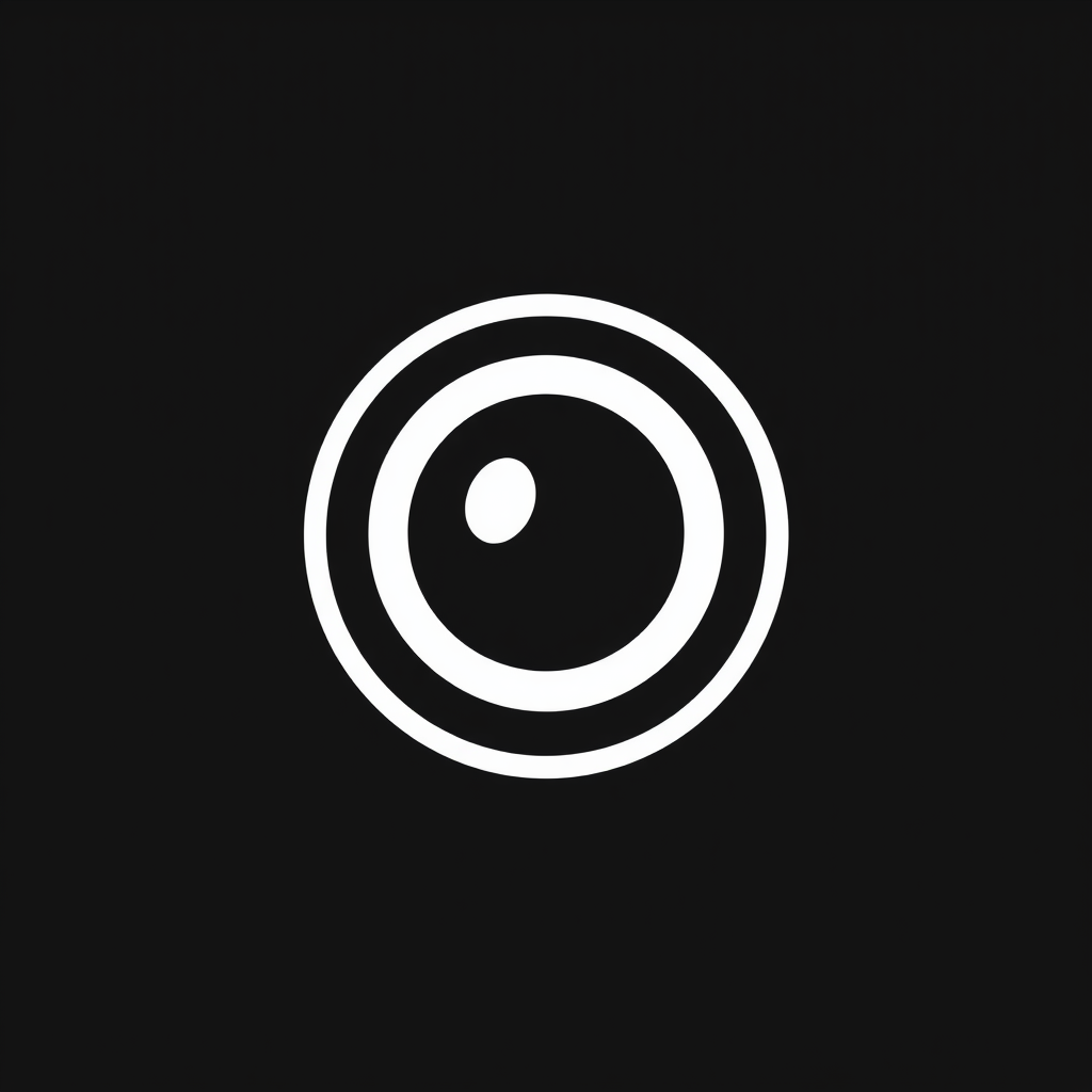 Minimalist Logo idea: minimalist logo, simple geometric mark for Minimal round white camera lens, 2 clean rings, “photo_ale.jpg” curved around the edge, black background, n
