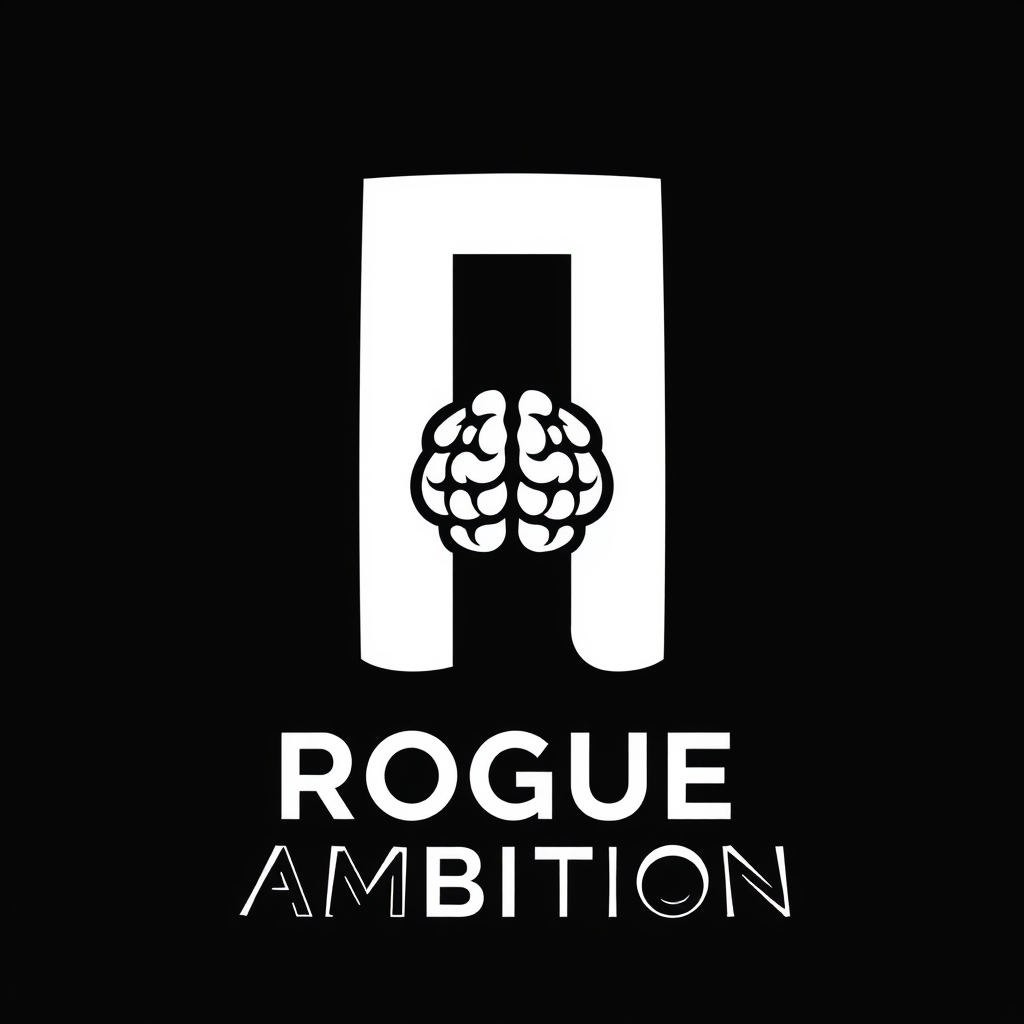 Cartoon Logo idea: cartoon style logo for Rogue Ambition — psychology and motivation brand. Create a simple RA monogram with a subtle mind symbol integrated into the let