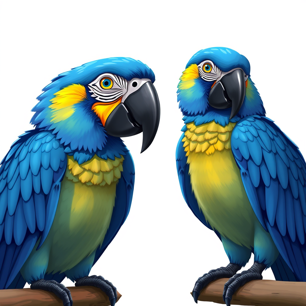 Main logo studio: Blu and Jewel from Rio, accurate blue Spix’s macaw characters, distinct male and female designs, mostly blue feathers, recognizable faces and beaks, n