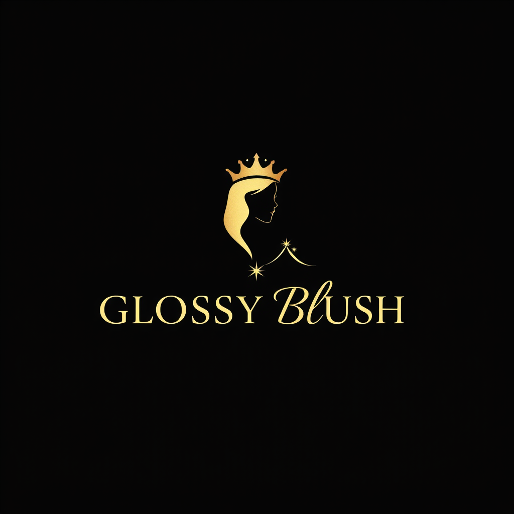 Main logo studio: Create a luxury cosmetics brand logo for “HER GLOSSY BLUSH”. Use a sophisticated black and metallic gold color palette. Create a clean, elegant, femin