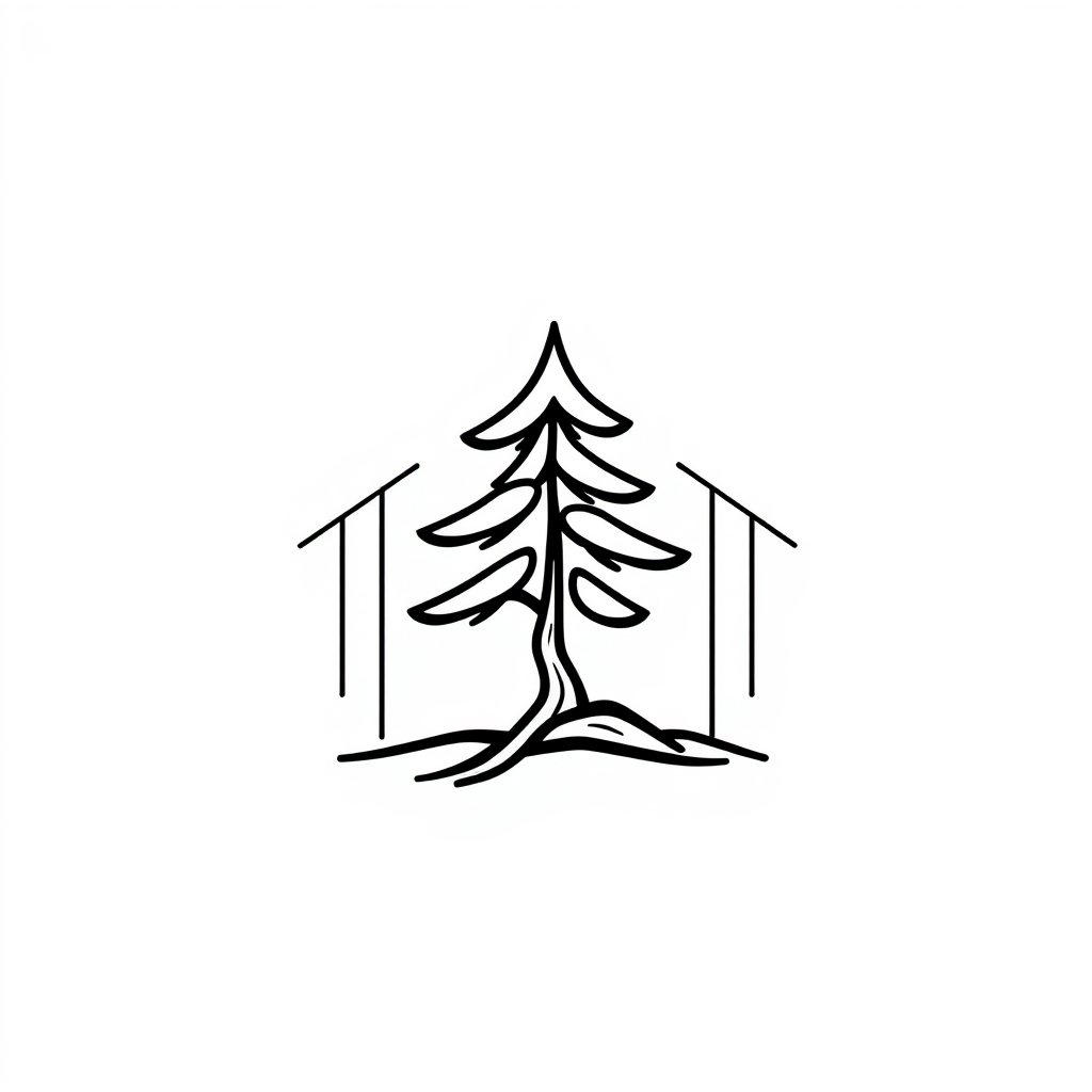 Cartoon Logo idea: cartoon style logo for } Minimal line-art logo of a pine tree integrated with abstract architectural lines. Elegant continuous strokes, geometric stru