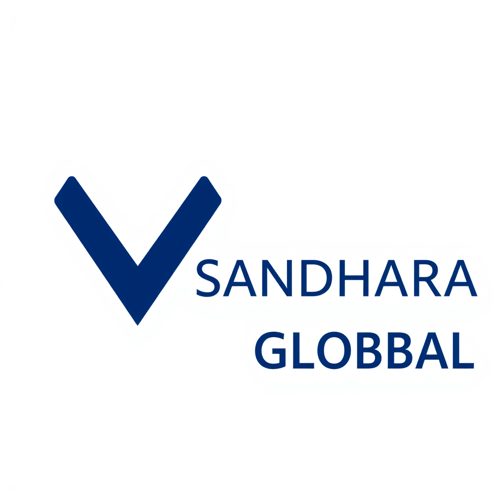 Main logo studio: Logo: SANDHARA GLOBAL. Left: two thick navy blue angular lines meet at a peak and continue right. Right: SANDHARA bold uppercase, GLOBAL smaller below