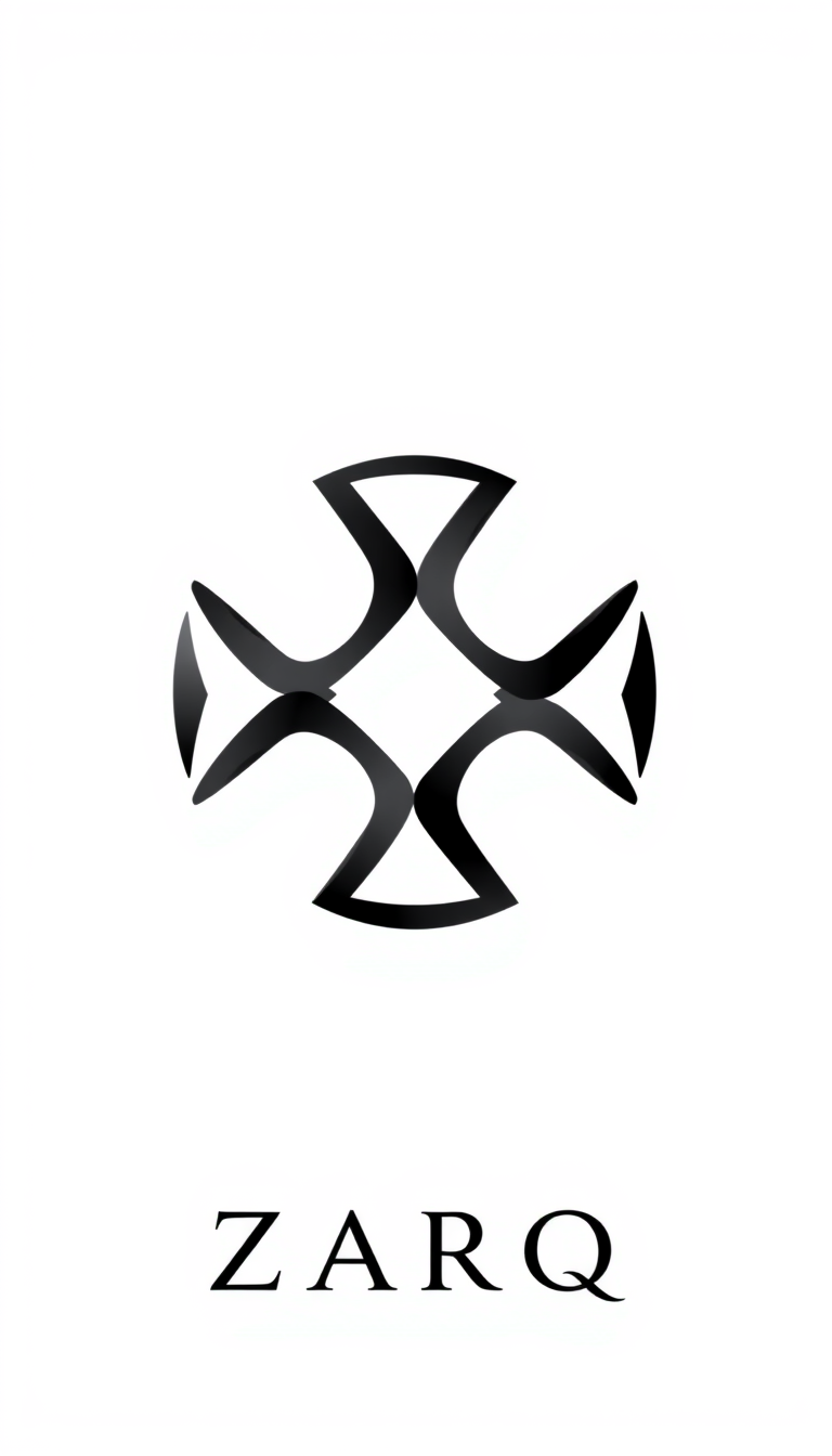 Main logo studio: ZARQ logo, a bold futuristic emblem made from two interlocking curved blades forming a unique four-point silhouette, subtle negative space, elegant bl