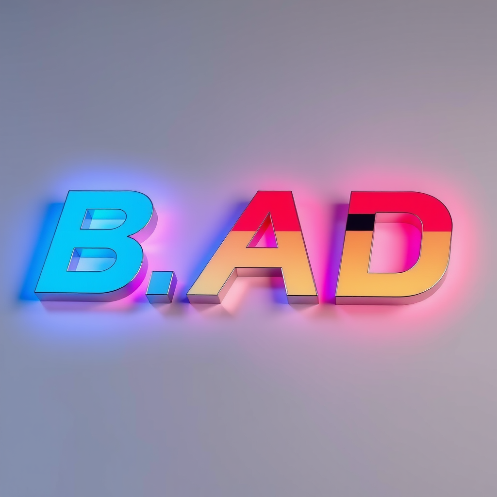 Main logo studio: Brand name B.A.D , reflective style colours, letter tipografi easy to read but cool , diferent from common AI makers ,