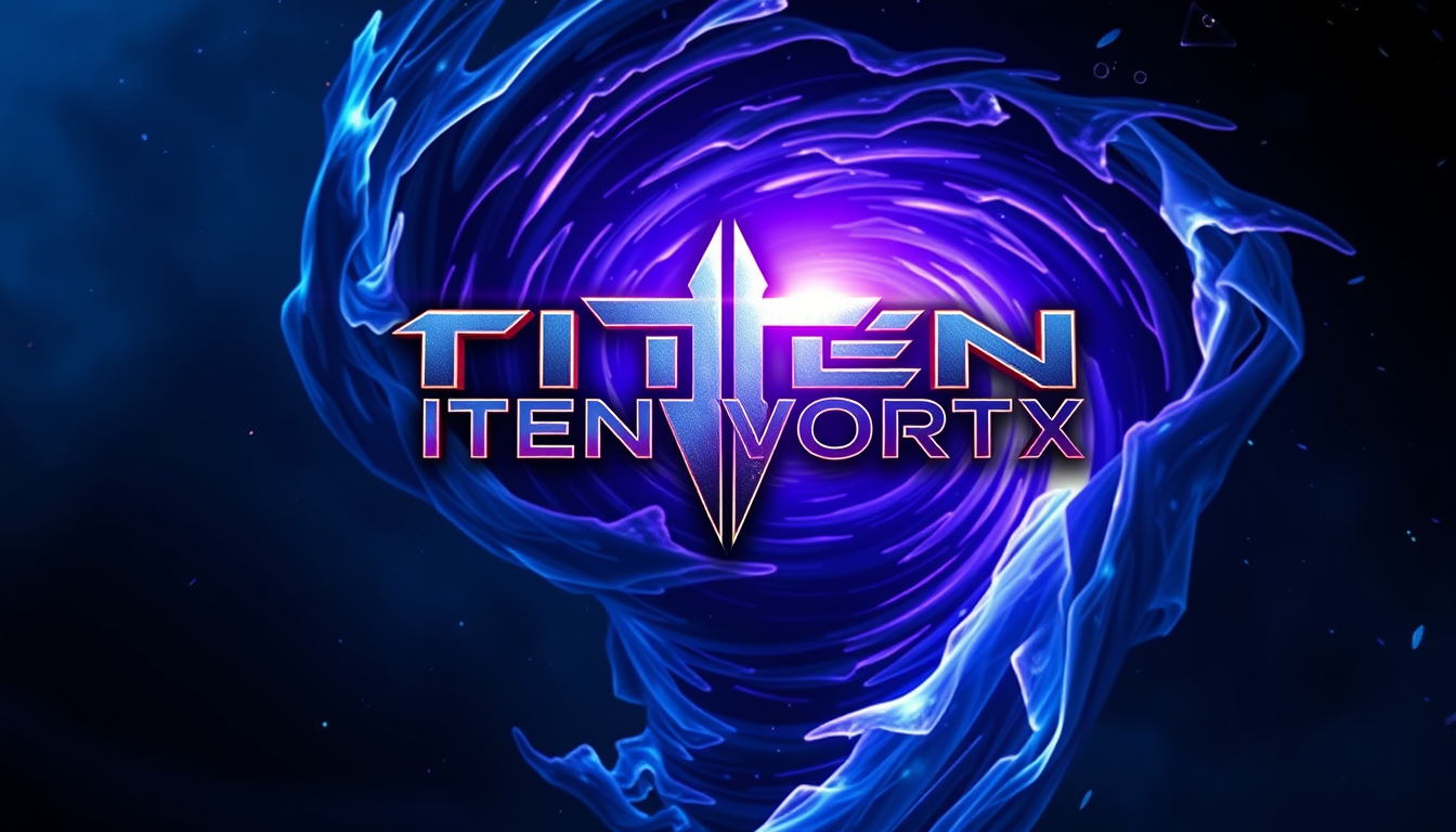Main logo studio: Create a premium YouTube gaming banner for “TITEN VORTEX”. Keep the complete “TITEN VORTEX” text and logo inside the CENTER MOBILE-SAFE AREA with gene