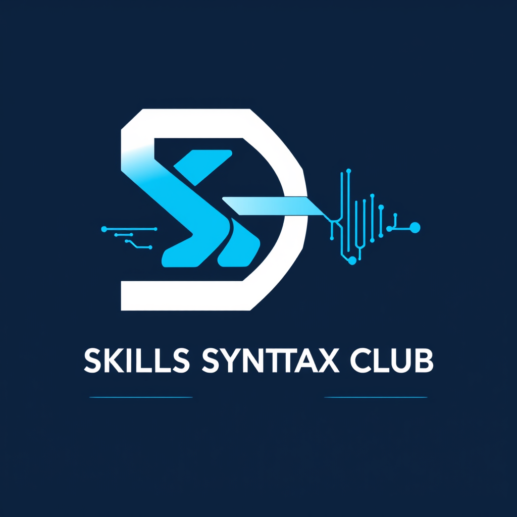 Main logo studio: Create a unique modern logo for Skills Syntax Club, a student technical club. Combine the letter S for Skills with programming syntax symbols { } or <