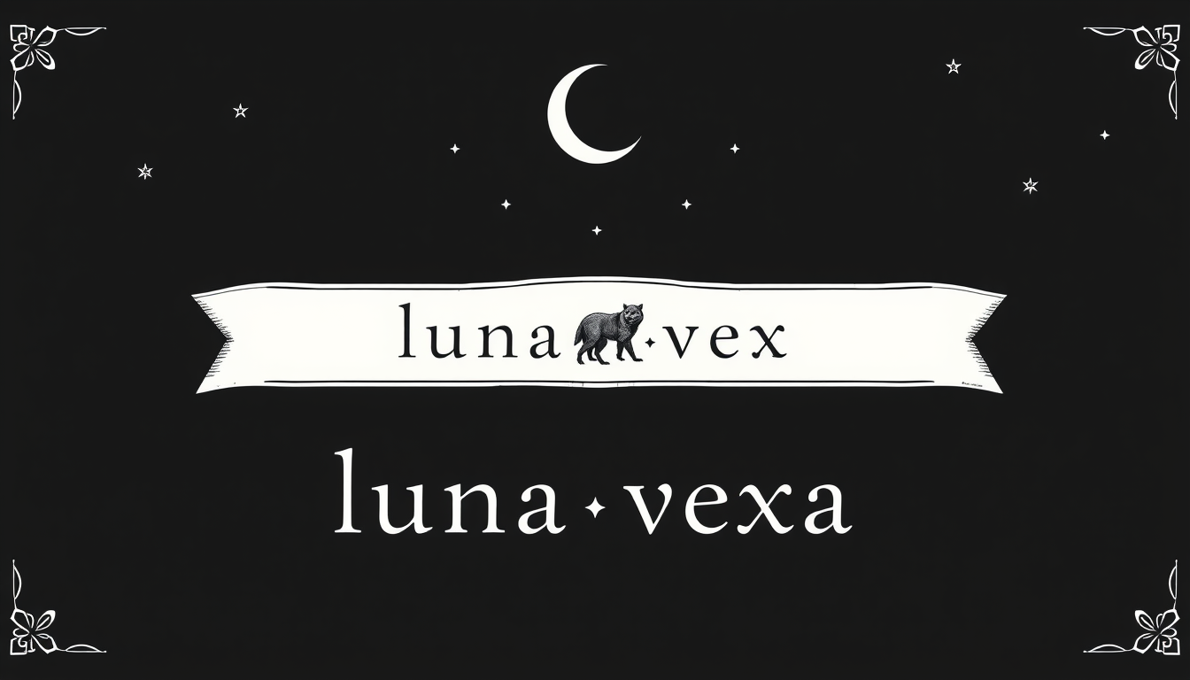 Main logo studio: Wide mystical banner, small “luna vexa” in lowercase. Directly above the title: one small condor and one small grey wolf, with one small star between 