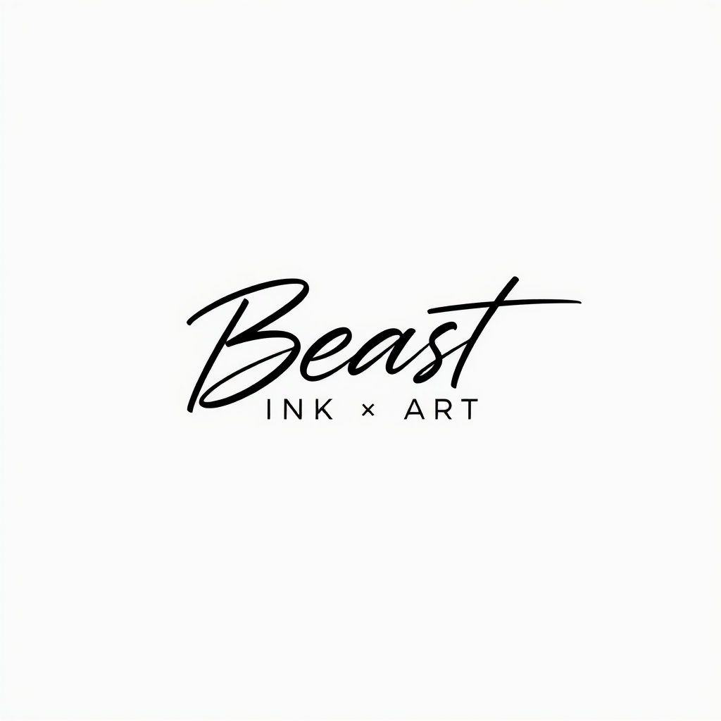 Signature Logo idea: signature logo of the name BEAST INK × ART Tattoo • Art • Design , elegant handwritten calligraphy, flowing script lettering, personal signature style