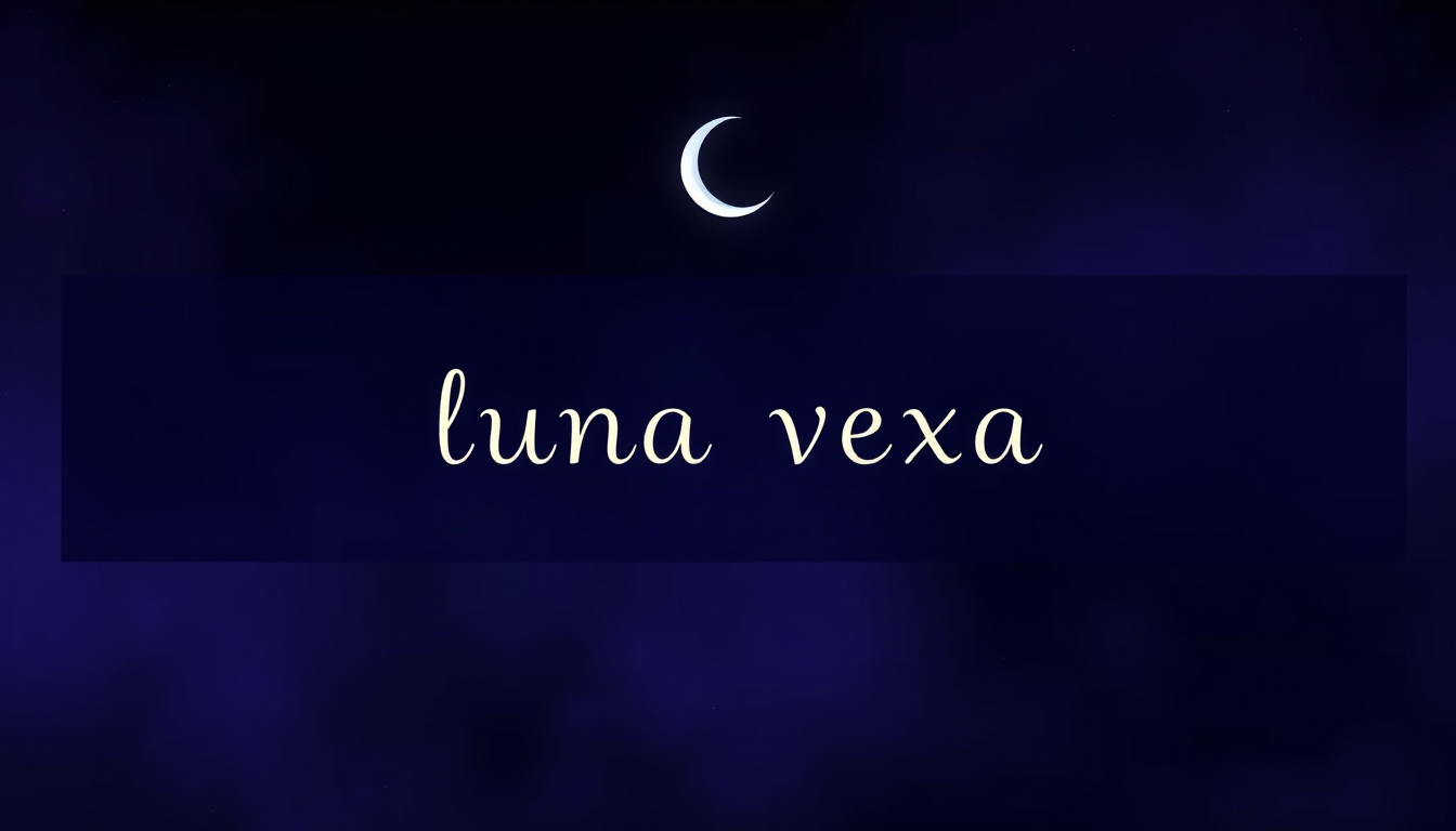 Main logo studio: Wide horizontal banner, tiny “luna vexa”, small crescent moon above, very tiny constellation, several tiny stars, purple-blue dark background, subtle 