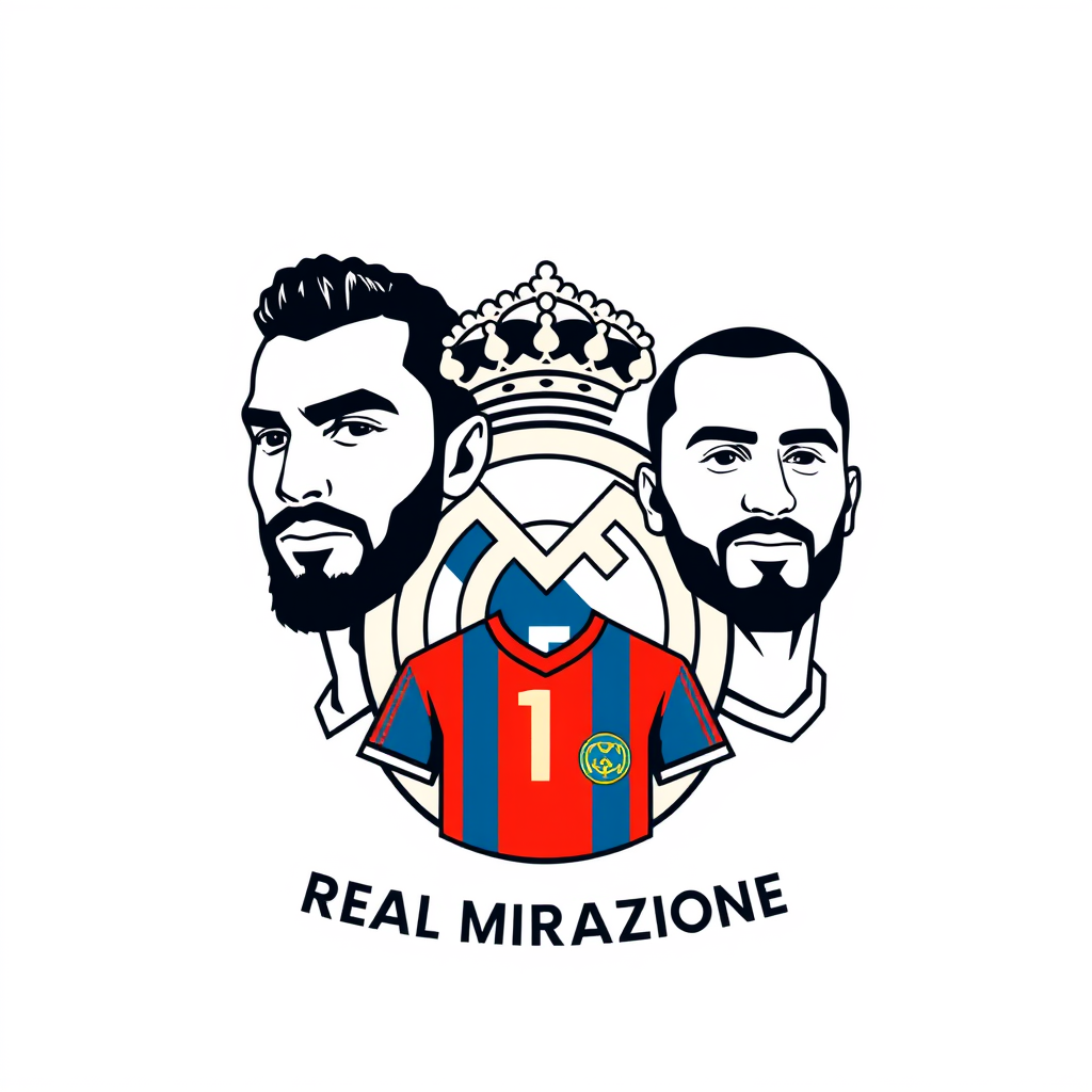 Main logo studio: Logo of real Madrid with the face of Brahim Díaz and Hakimi with the moroccan shirt on and the team name Real Migrazione