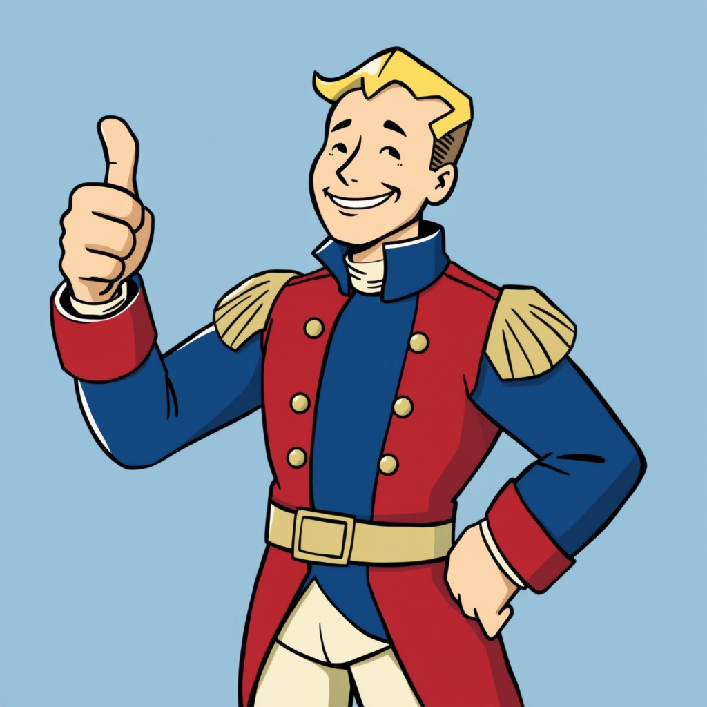 Main logo studio: the fallout guy with napoleonic clothing in blue red white, he is headless and holds his head in his left arm, with his right hand he does the typical