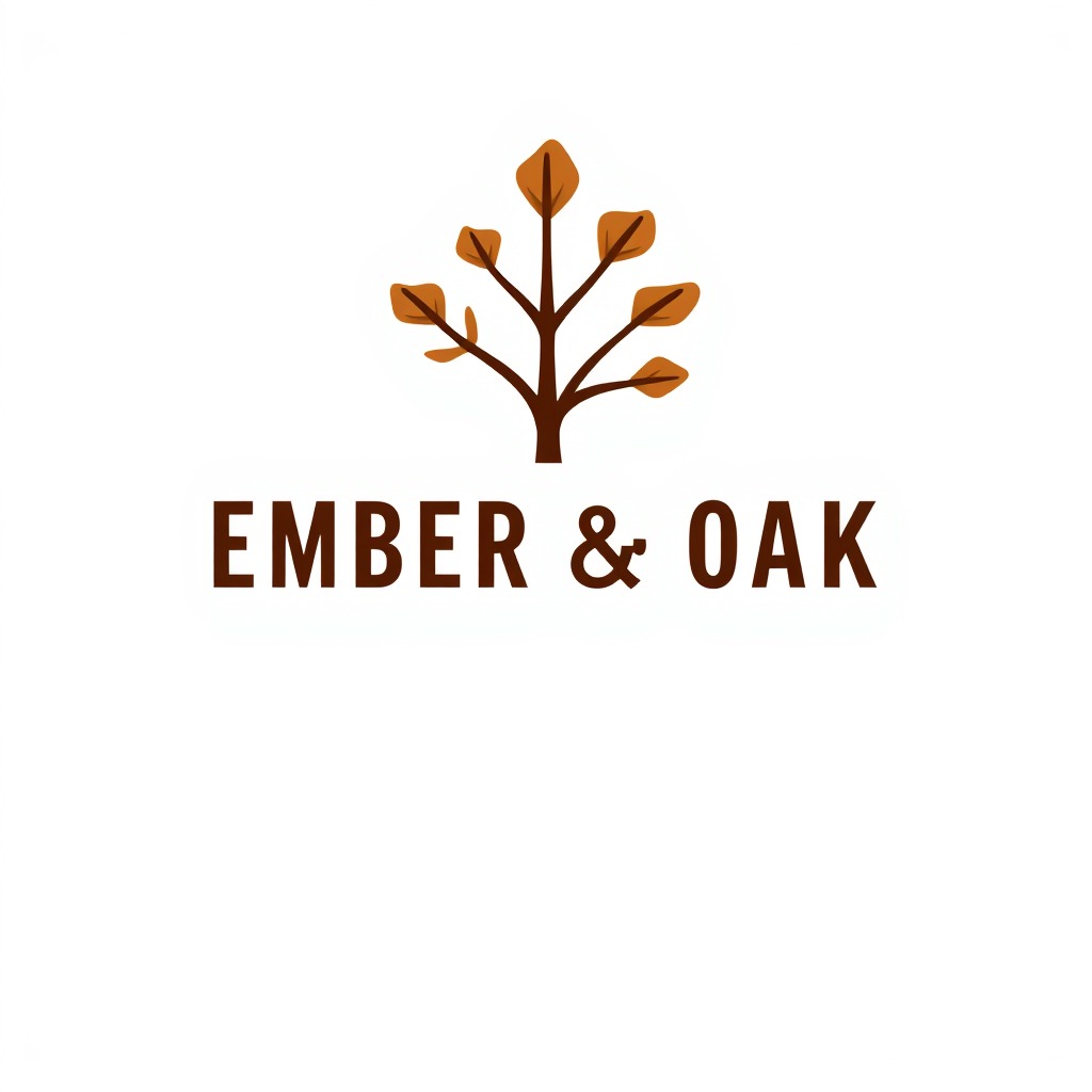 Wordmark Logo idea: wordmark logo of Ember & Oak, a cozy coffee roaster, warm earthy tones , bold clean typography, flat vector logo, centered, solid white background, hi
