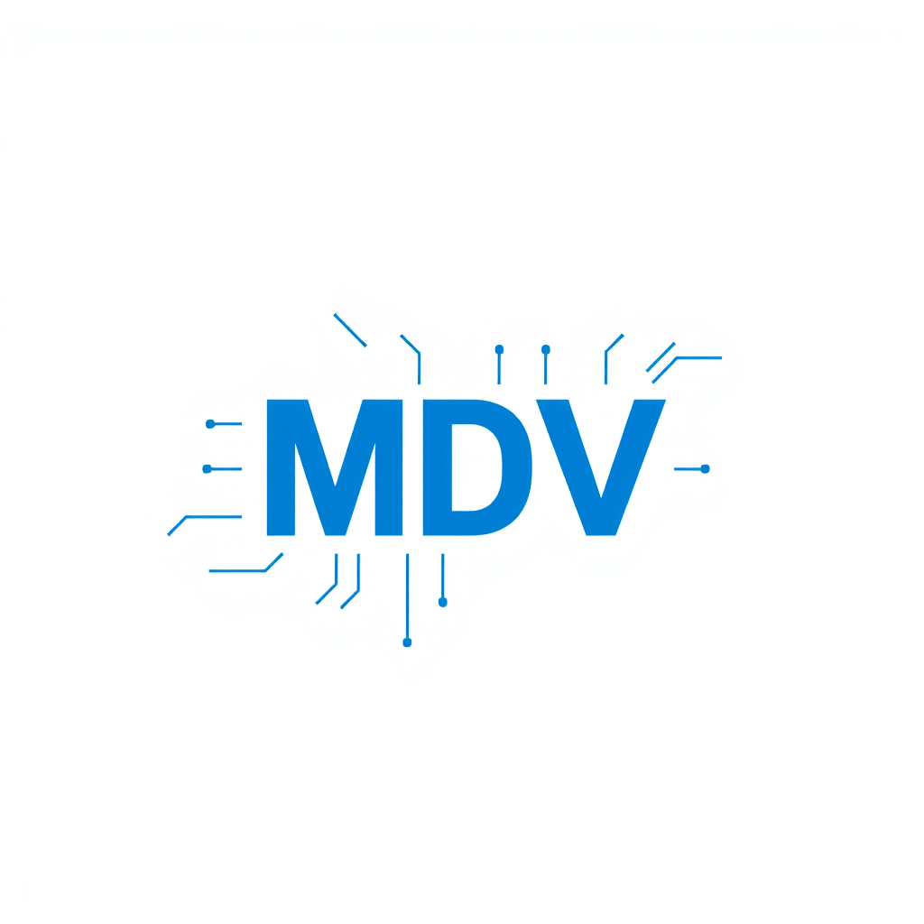 Main logo studio: Create a clean professional logo with the text “MDV” only. Use bold modern blue lettering on a pure white background. Surround the MDV text with a sim
