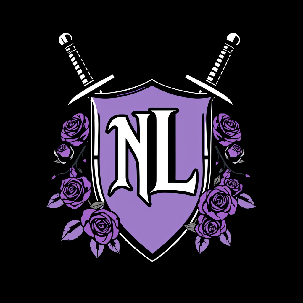 Main logo studio: I have a dj group named Nght-Lyfe and our main color is purple and black. I want to incorporate two swords maybe wrapped in the stems of rose bushes w