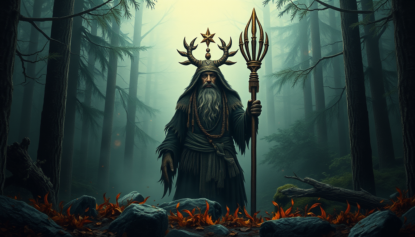 Main logo studio: Create a very small image of a shaman, using forest colors.foul mystery