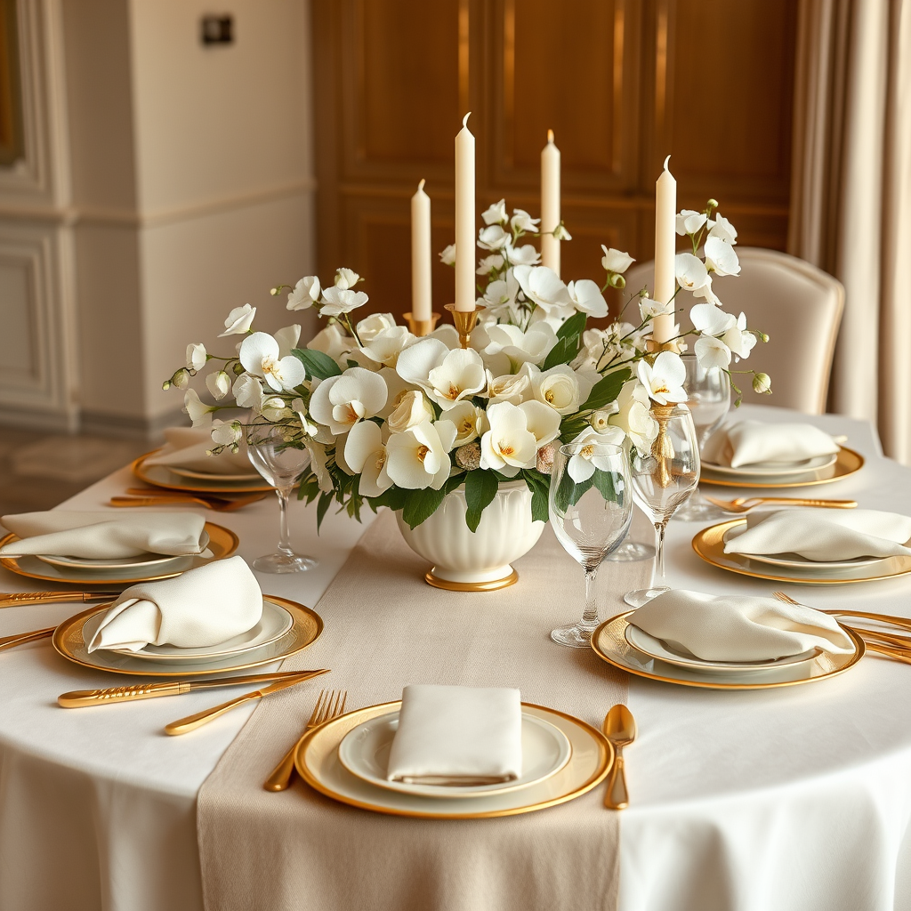 Main logo studio: Create an exceptionally elegant, photorealistic luxury dining table setting featuring a refined cream-and-gold color palette. The scene should evoke t