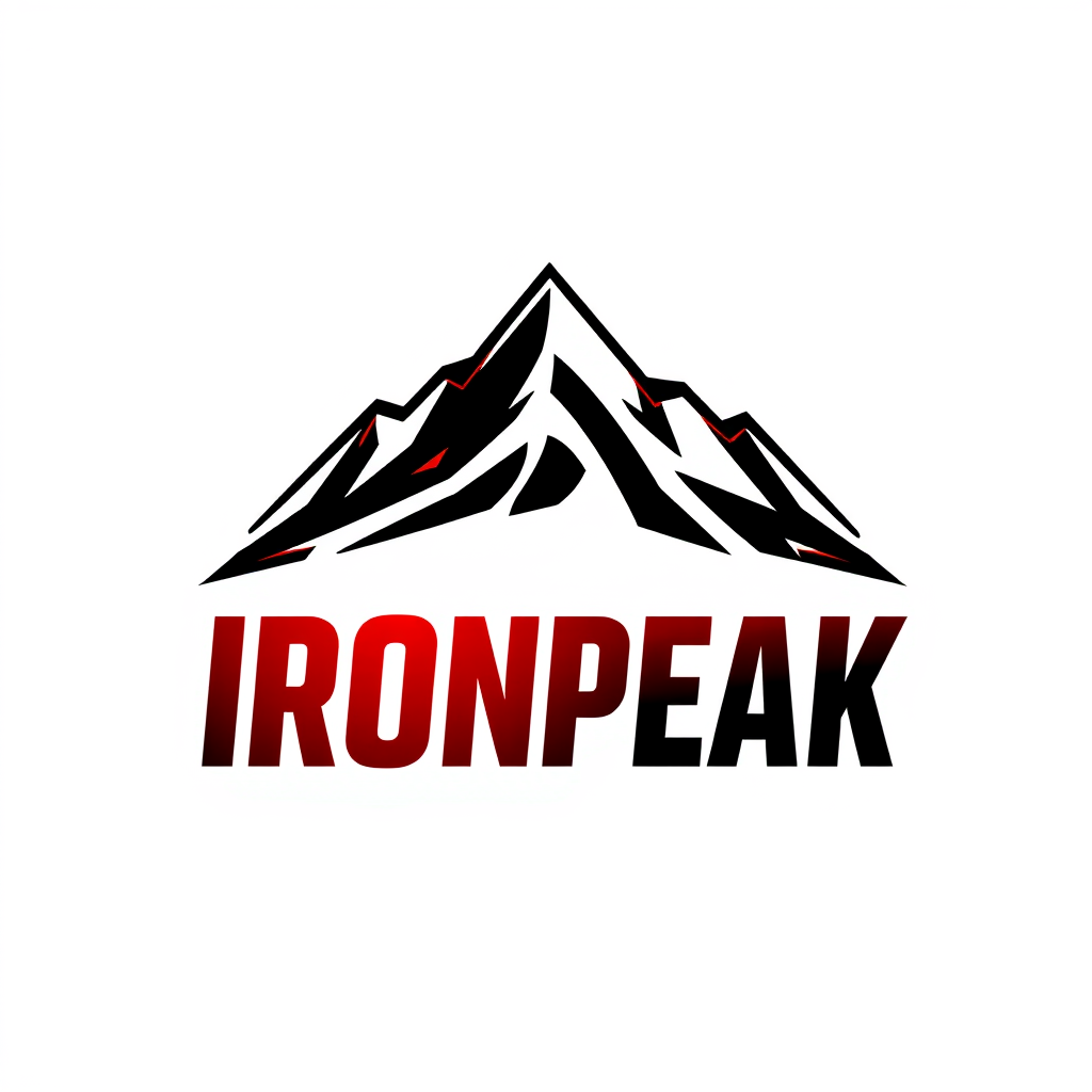 Main logo studio: Create a finished professional logo for a fictional fitness brand named “IRONPEAK”. Design a bold unique mountain and athletic-inspired symbol combine
