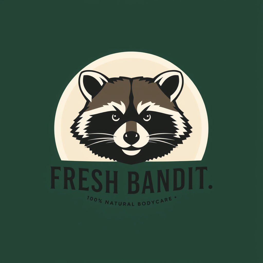 Main logo studio: Premium timeless vector logo for “FRESH BANDIT”, a modern 100% natural bodycare brand. Sophisticated front-facing raccoon head, strong geometric silho